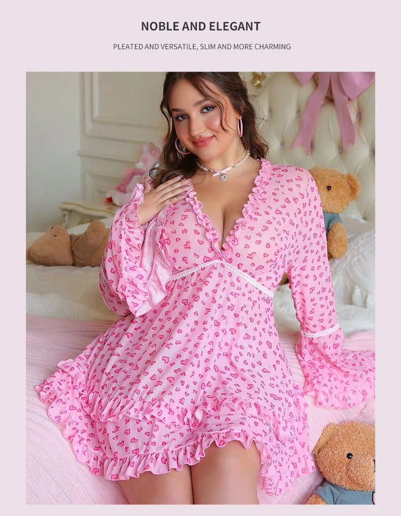 Playful Pink Heart Print Long-Sleeve Sleep Dress with Ruffled Tiered Hem