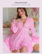 Playful Pink Heart Print Long-Sleeve Sleep Dress with Ruffled Tiered Hem