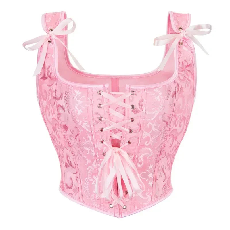 Printed Lace-Up Corset Top with Structured Boning and Adjustable Shoulder Ties