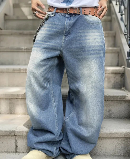 Men's Garment Washed Wide Leg Denim Jeans with Relaxed Floor Length Fit
