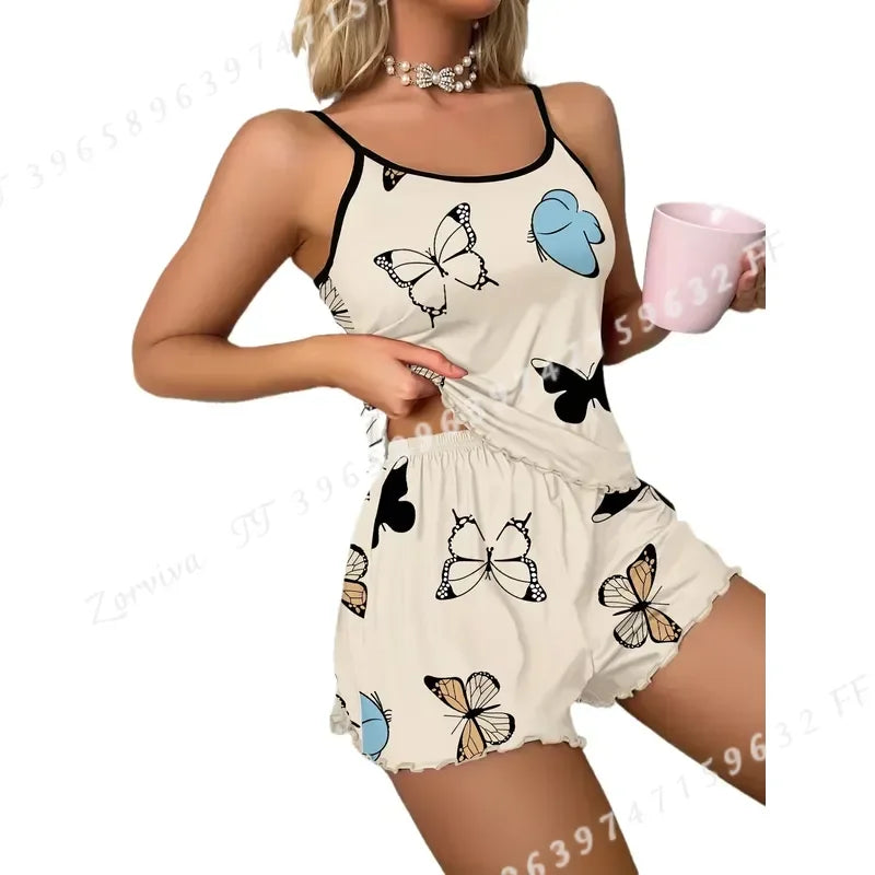 Playful Butterfly Print Camisole and Shorts Sleepwear Set with Contrast Binding