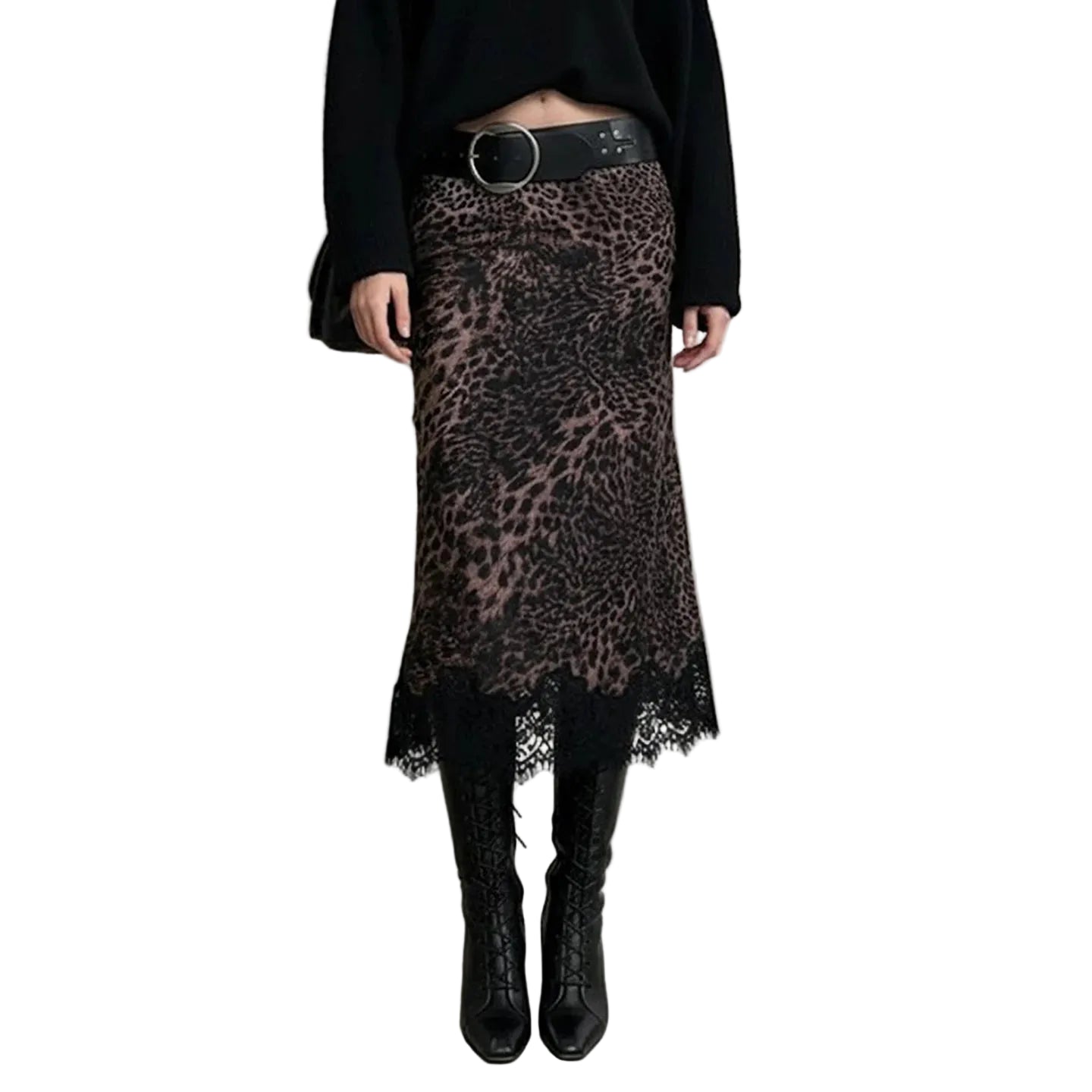 Low Rise Leopard Print Lace Trim Asymmetrical Midi Skirt