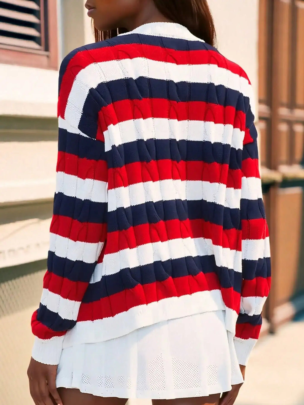 Women's Striped Open Front Knit Cardigan with Relaxed Long Sleeve Fit