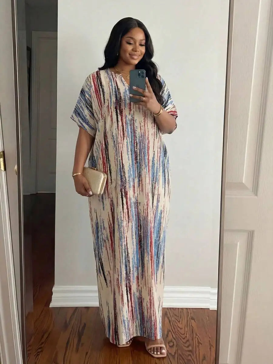Abstract Print Batwing Sleeve Maxi Dress with Relaxed Flowing Silhouette
