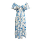Floral Print Maxi Dress with Puff Sleeves and Waist Cutout Detail