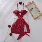 Blush Pink Satin-Finish Chemise with Structured Cups and Sheer White Lace Paneling