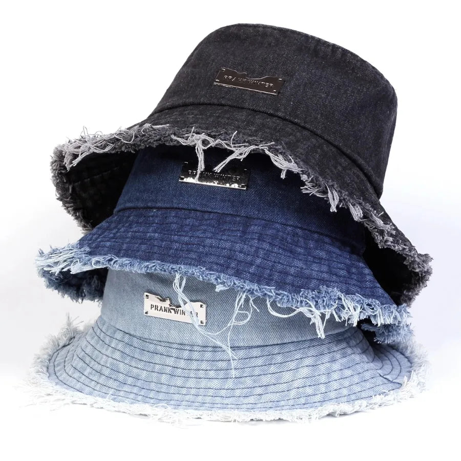 Distressed Denim Bucket Hat Frayed Brim Casual Streetwear Fisherman Outdoor Cap