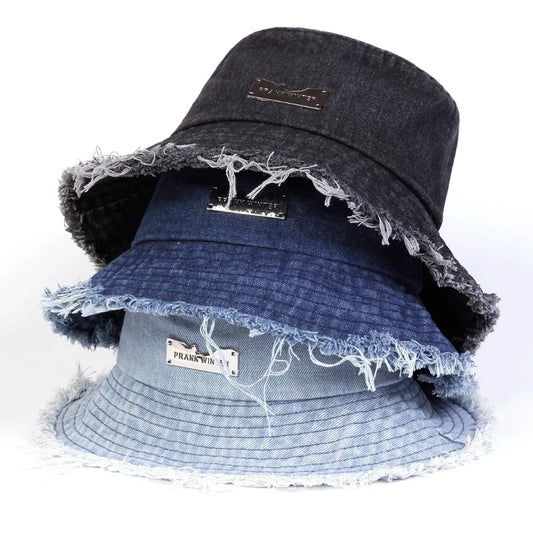 Distressed Denim Bucket Hat Frayed Brim Casual Streetwear Fisherman Outdoor Cap