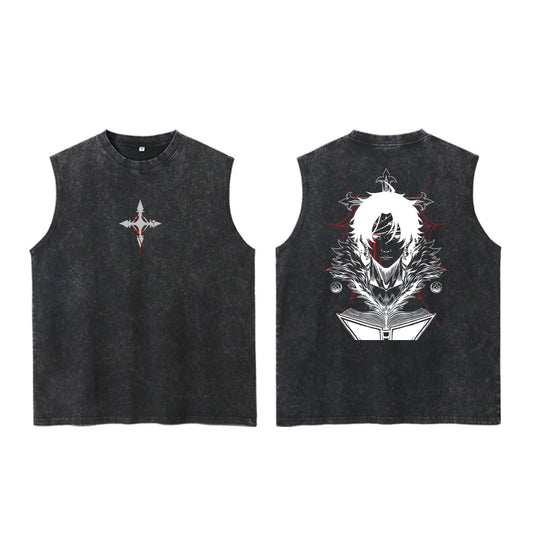 Dark Alternative Cotton Sleeveless Tank Top with Gothic Crest Graphic Streetwear Design