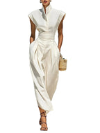Crisp White High-Neck Architectural A-Line Dress with Pleated Waist and Pockets
