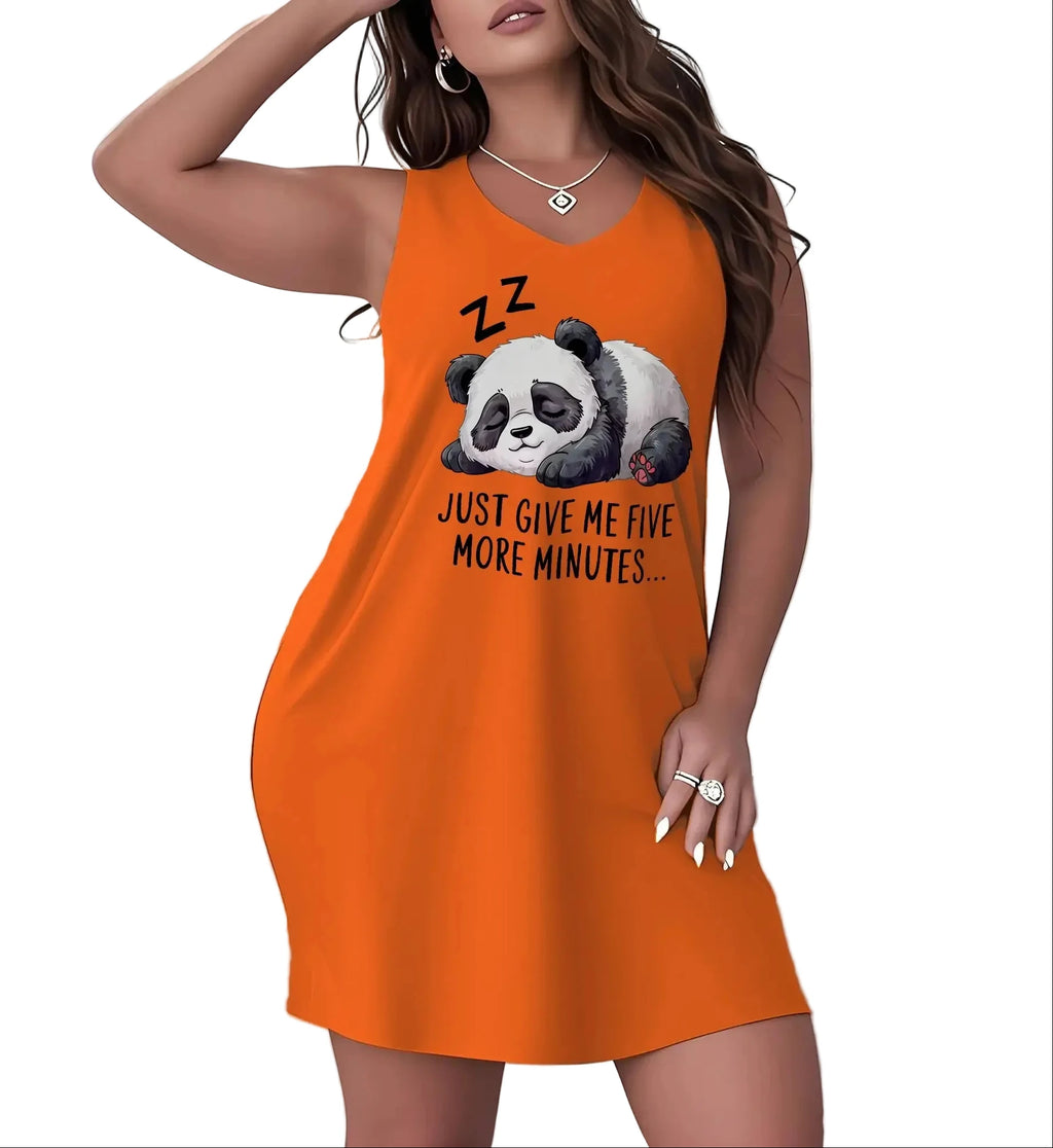 Plus Size Orange Sleeveless V-Neck Nightgown with Playful Cat Graphic and “Just Give Me Five More Minutes” Print