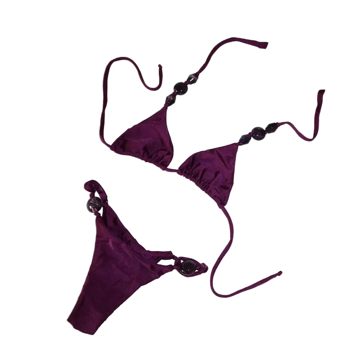 Deep Plum Beaded String Bikini Set with Triangle Top and Adjustable Ties