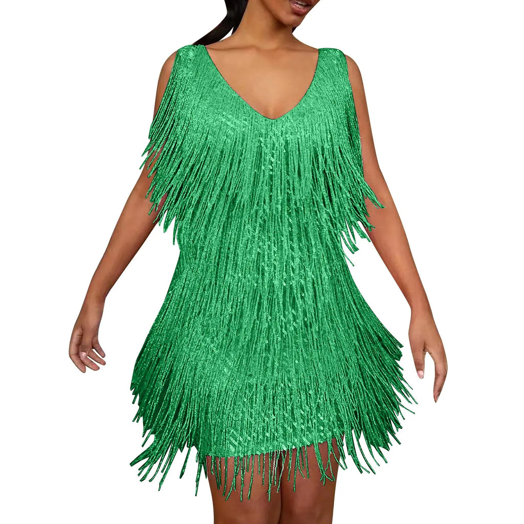 Layered Fringe V-Neck Mini Dress with Dynamic Tassel Detailing