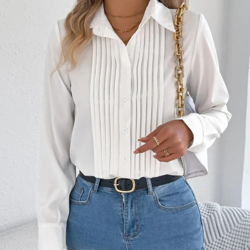 Elegant Emerald Green Long-Sleeve Blouse with Vertical Front Pleating