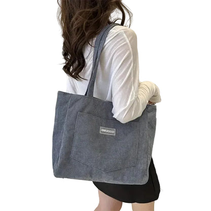 Large Capacity Corduroy Tote Shoulder Bag with Front Pocket Detail