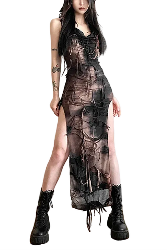 Sheer Gothic Maxi Dress with Elegant Alternative Grunge Aesthetic