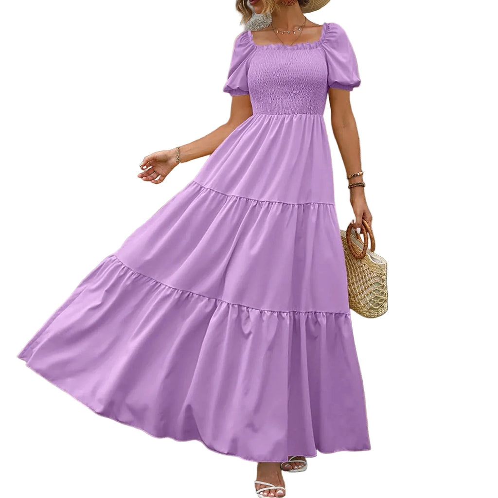 Tiered A-Line Maxi Dress with Smocked Bodice and Puff Sleeves