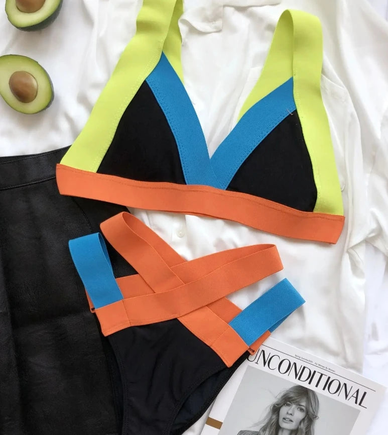 Vibrant Color-Block Bikini Set with Criss-Cross Strappy High-Waist Bottoms