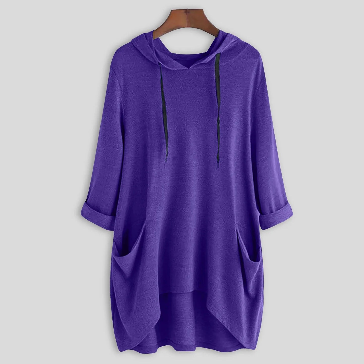 Relaxed Asymmetrical Hem Hooded Pullover for Casual Everyday Streetwear