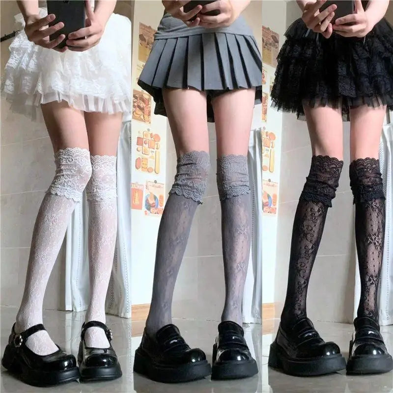 Floral Lace Fishnet Thigh High Stockings with Breathable Mesh Over-the-Knee Design