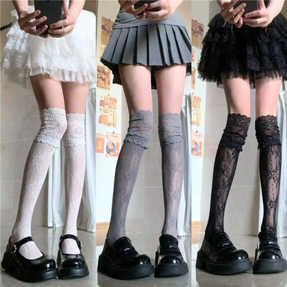 Floral Lace Fishnet Thigh High Stockings with Breathable Mesh Over-the-Knee Design