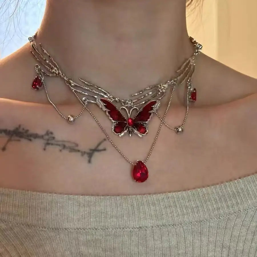 Layered Butterfly Choker Necklace with Crystal Drop Dark Romantic Gothic Style