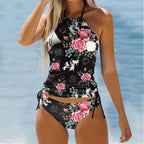 Feather Print Halter Neck Tankini Set with Side-Tie Detailing
