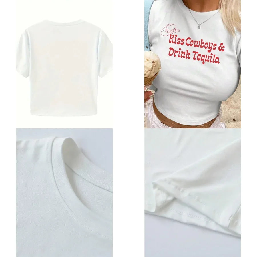 Western Inspired Graphic Crop Tee with Fitted Baby Tee Streetwear Style