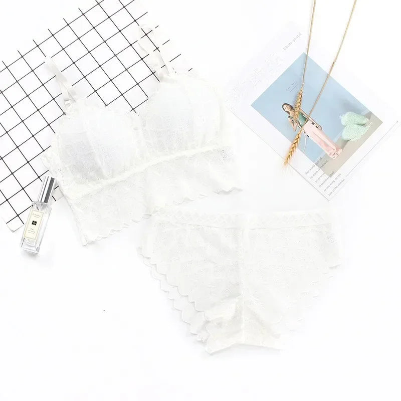 Scalloped Floral Lace Longline Camisole Bralette and Seamless Laser-Cut Brief Set