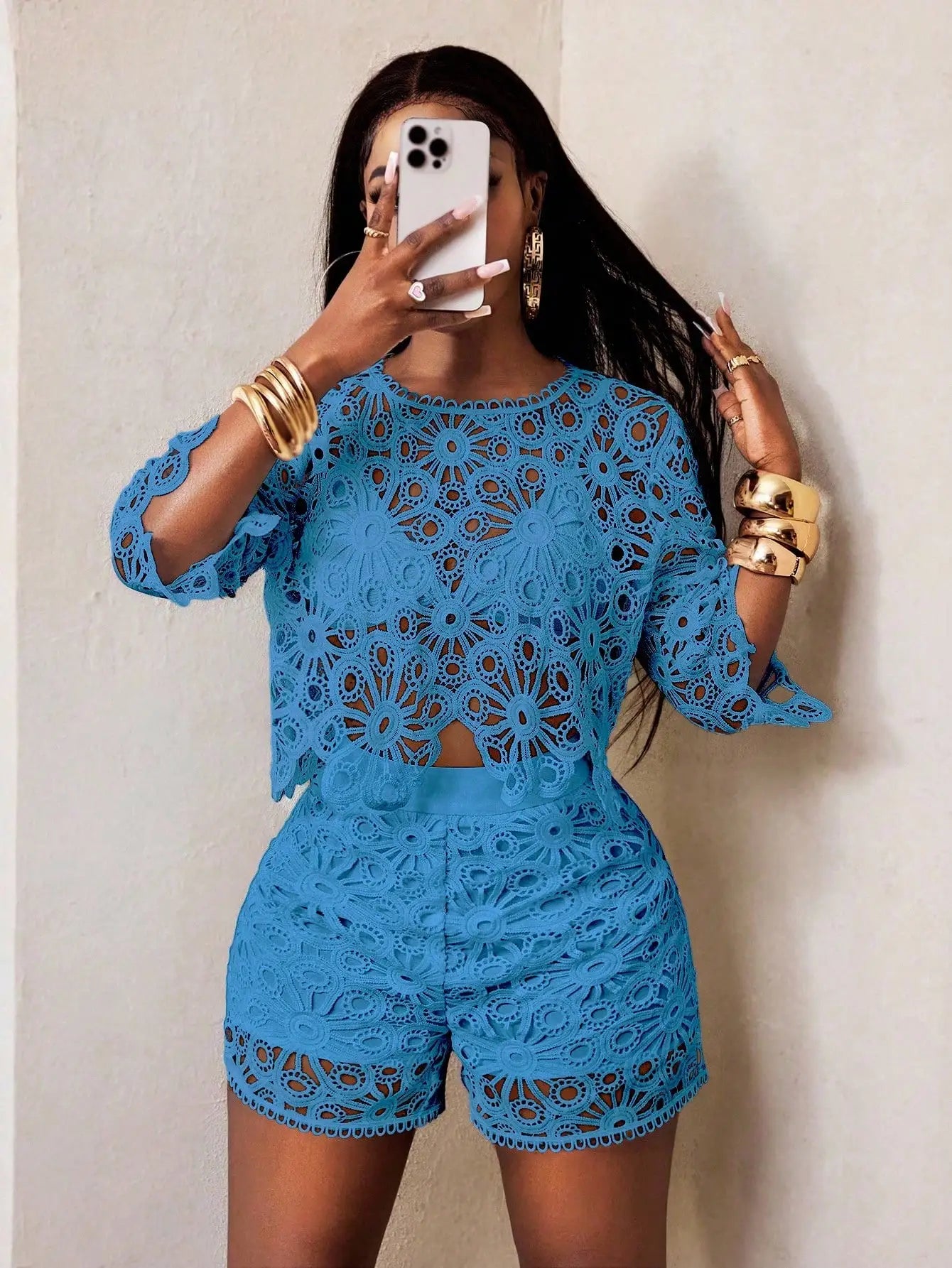 Lace Detail Top and Shorts Statement Summer Co-Ord Set for Women