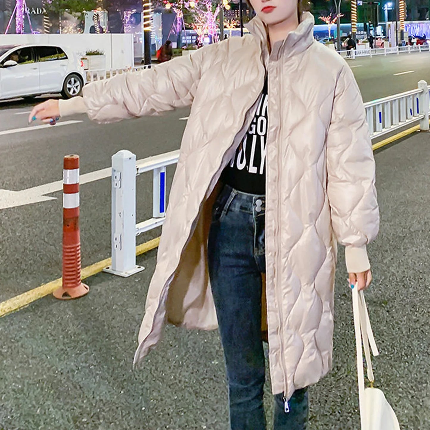 Women's Hooded Quilted Mid-Length Puffer Jacket with Diamond Stitch Streetwear Winter Outerwear