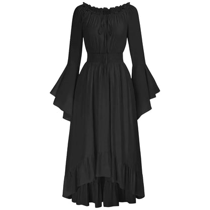Dark Romantic Victorian Maxi Dress with Statement Bell Sleeves and Flowing Skirt