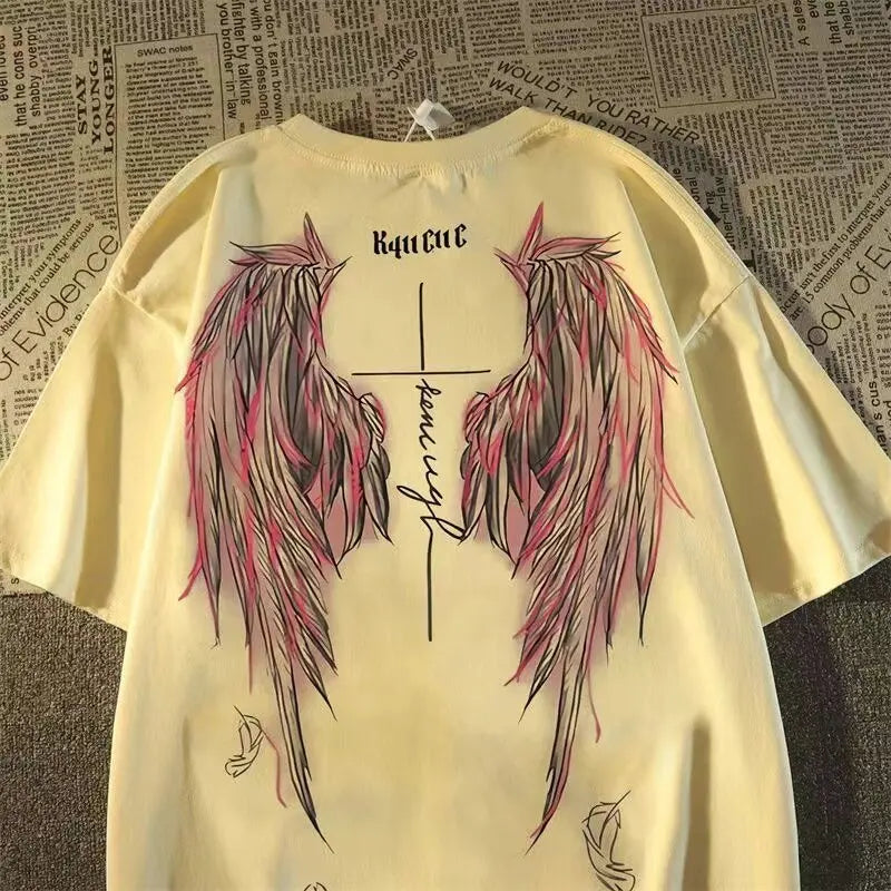 Oversized Wing Graphic Cotton T-Shirt with Vintage High Street Streetwear Design