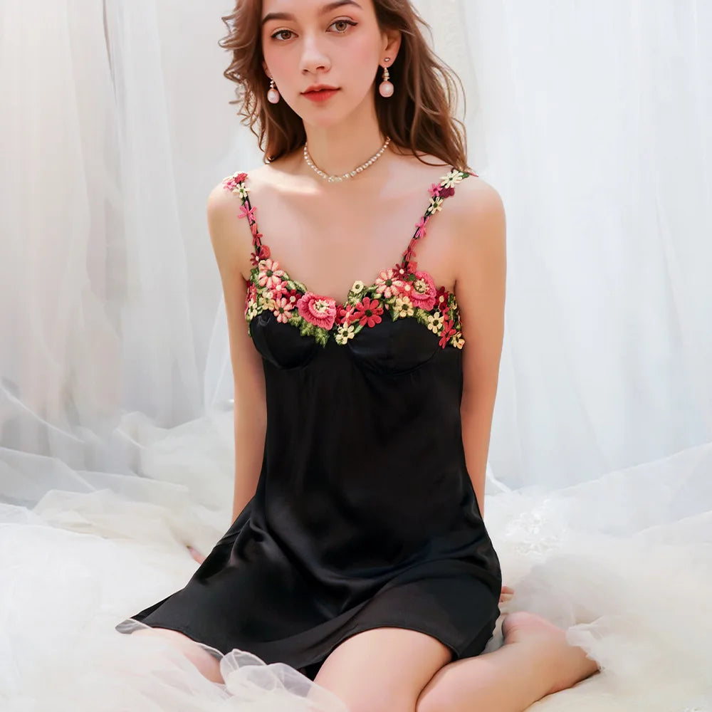 Chartreuse Satin-Finish Slip Dress with Vibrant Floral Embroidery