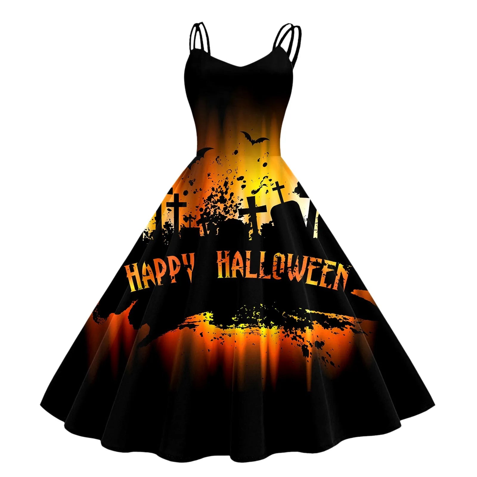 Gothic Skyline Print Vintage Flare Dress with Dark Romantic Style