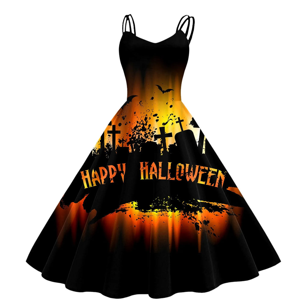 Halloween Graveyard Print Flared A-Line Dress with Double Spaghetti Straps
