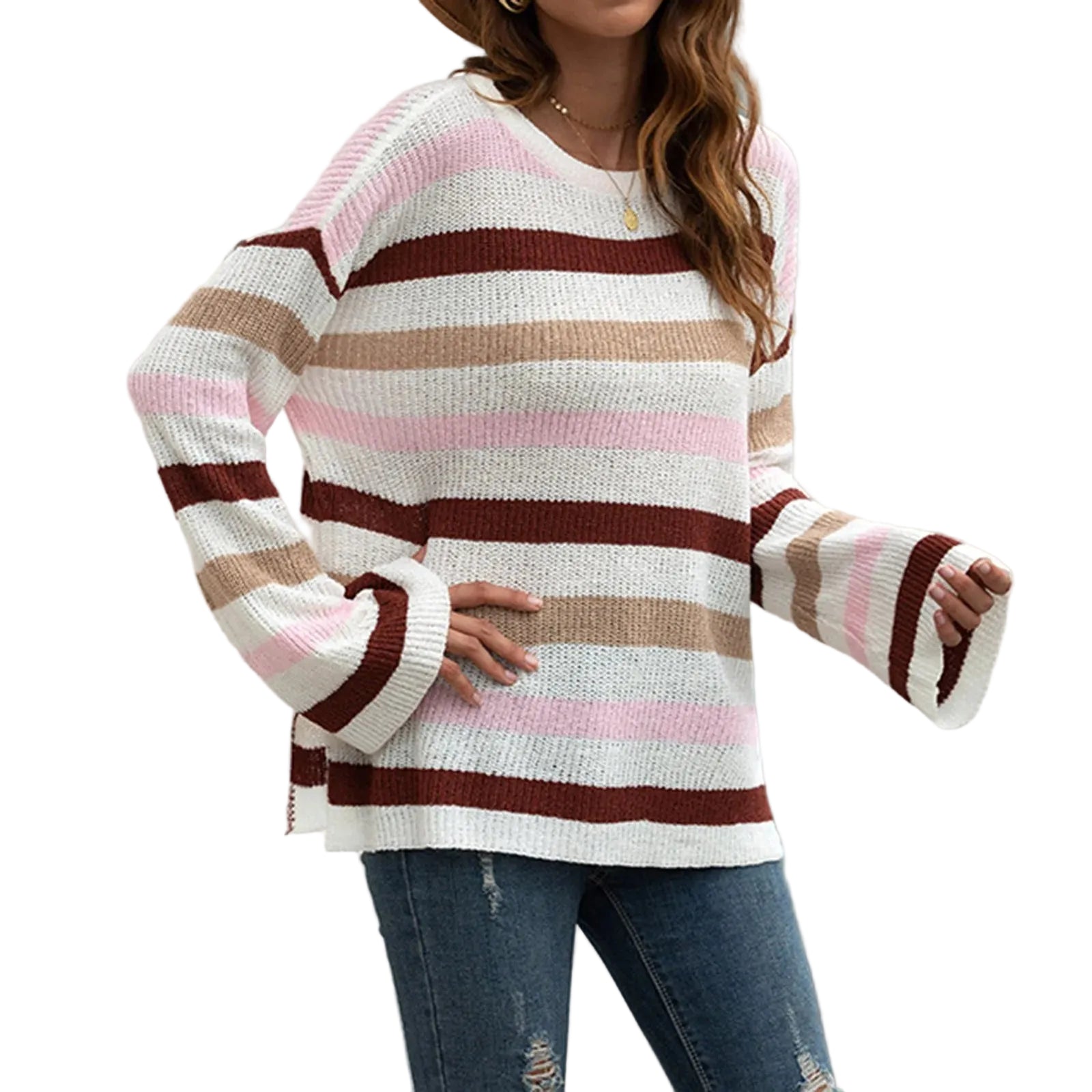 Women's Striped Relaxed Fit Crew Neck Contemporary Knit Sweater