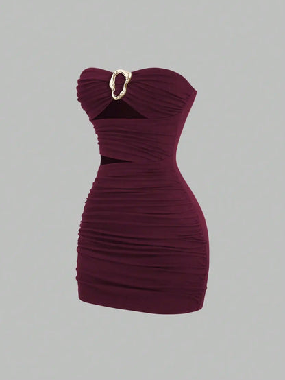 Strapless Ruched Bodycon Mini Dress with Metallic Accent Contemporary Silhouette