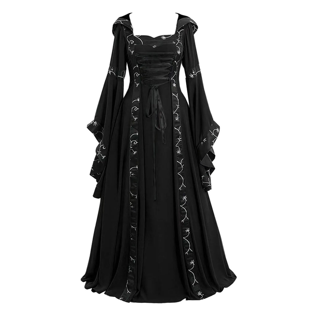 Dramatic Gothic Maxi Dress with Flared Sleeves and Ornate Trim