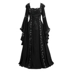 Dramatic Gothic Maxi Dress with Flared Sleeves and Ornate Trim