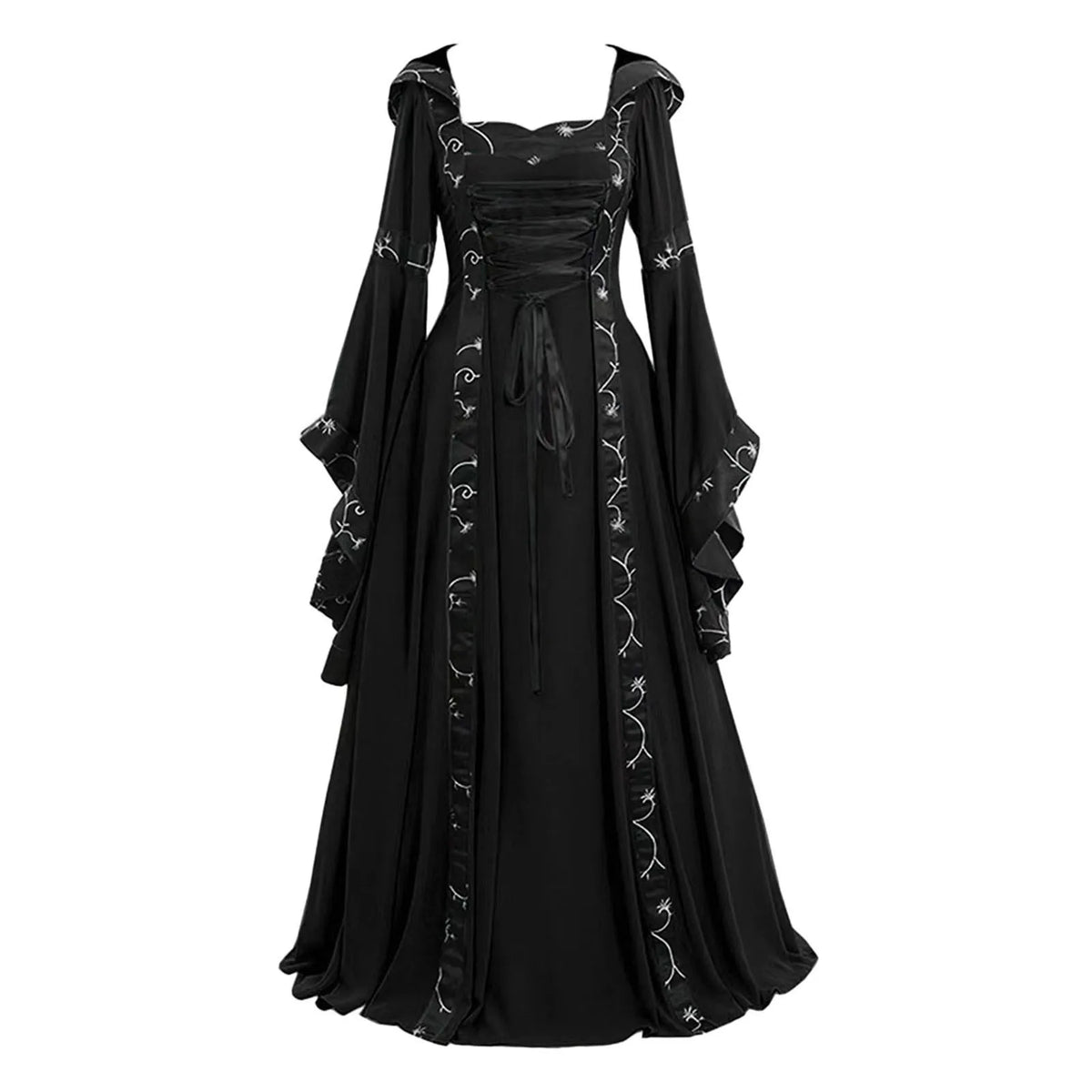Dramatic Gothic Maxi Dress with Flared Sleeves and Ornate Trim