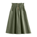 Elastic Waist A-Line Midi Skirt with Functional Side Pockets