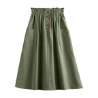 Elastic Waist A-Line Midi Skirt with Functional Side Pockets