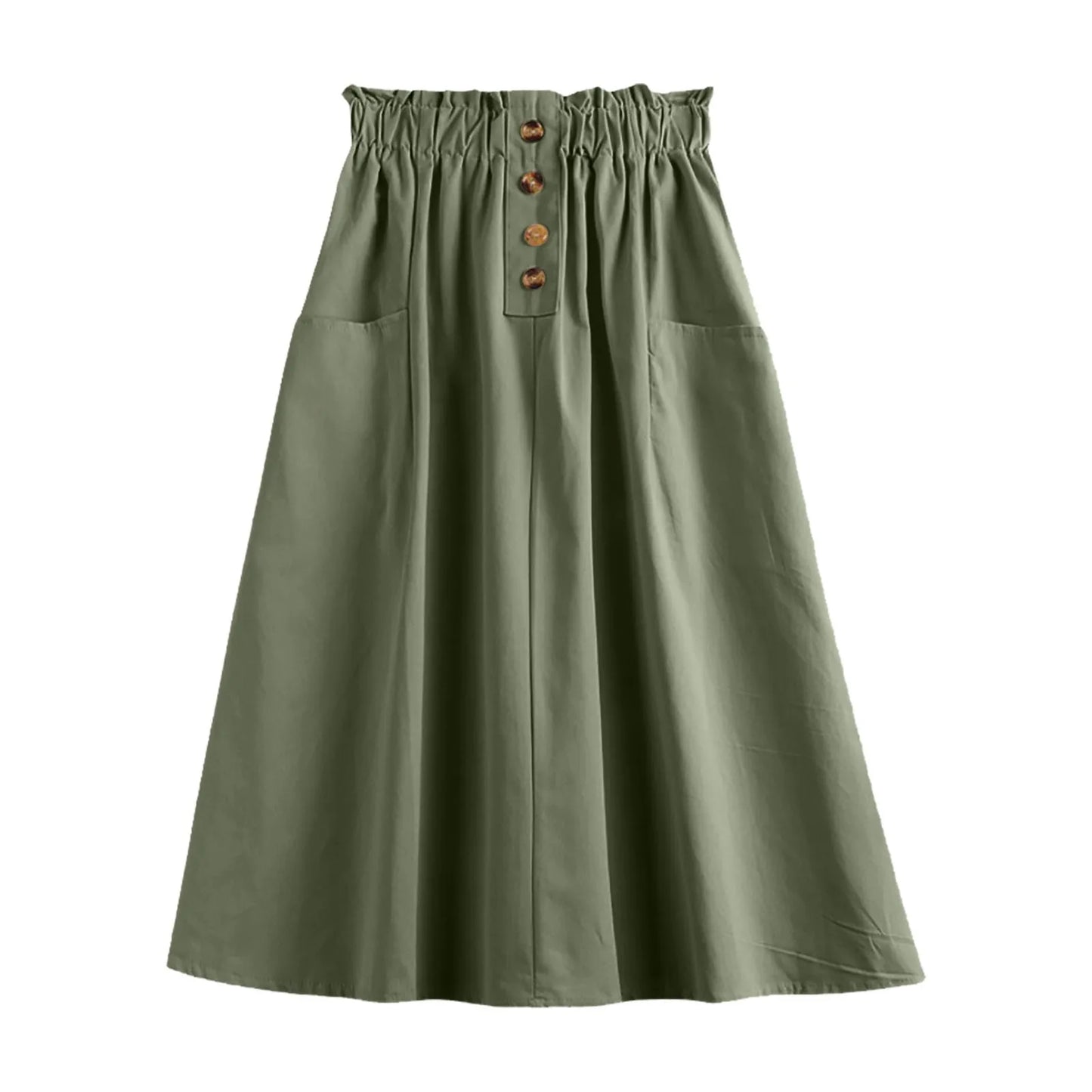 Elastic Waist A-Line Midi Skirt with Functional Side Pockets