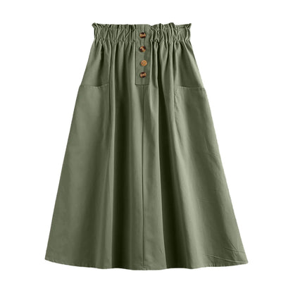 Elastic Waist A-Line Midi Skirt with Functional Side Pockets