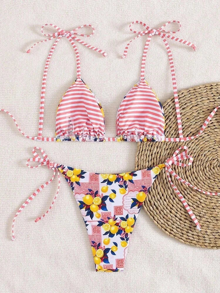 Playful Lemon and Stripe Mixed-Print Triangle Bikini Set