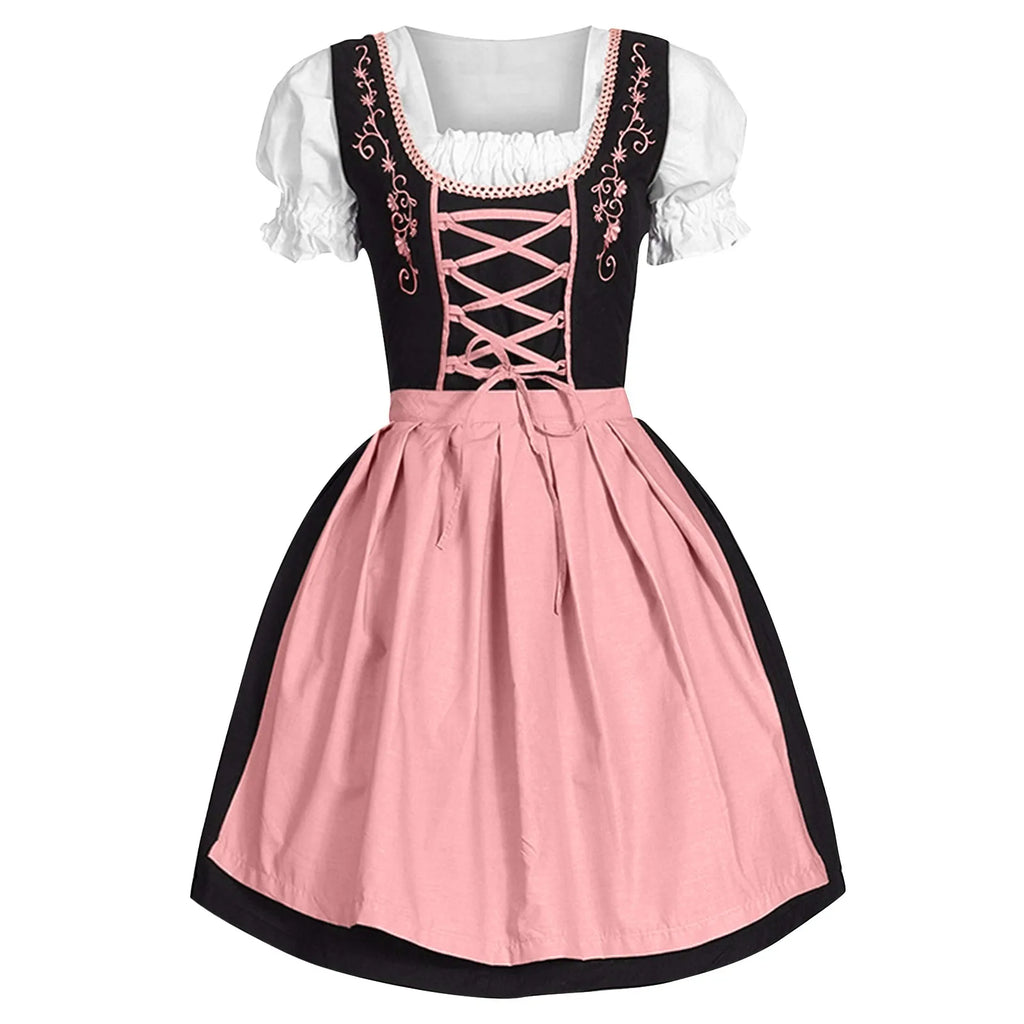Traditional Bavarian-Inspired Dirndl Dress with Lace-Up Bodice and Puff Sleeves