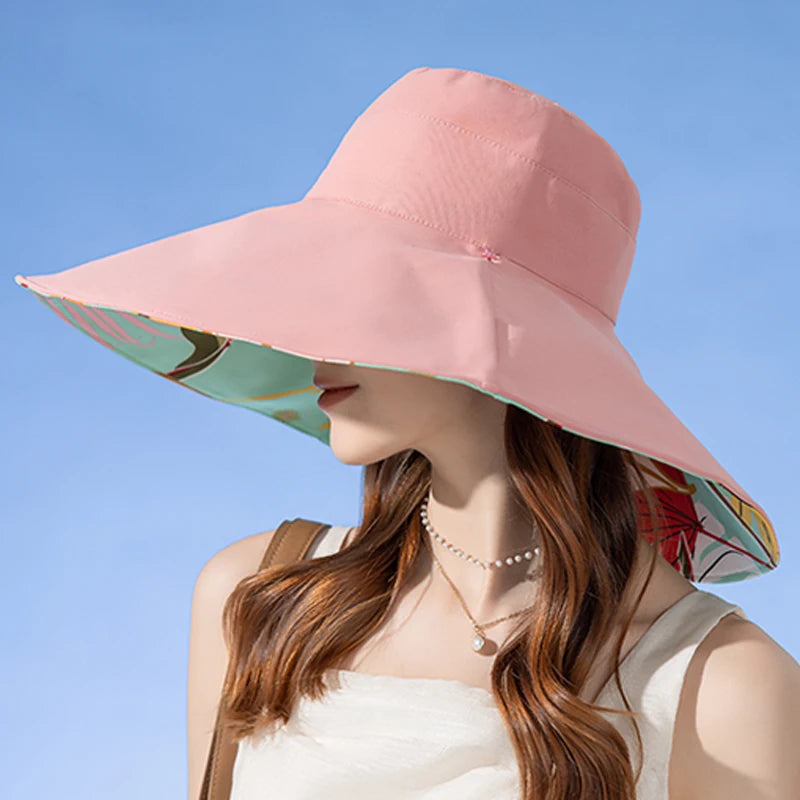 Women's Reversible Wide Brim Cotton Bucket Hat for Outdoor Travel and Summer Casual Style