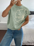 Women's Floral Crew Neck Knit Sweater with Relaxed Summer Short Sleeves