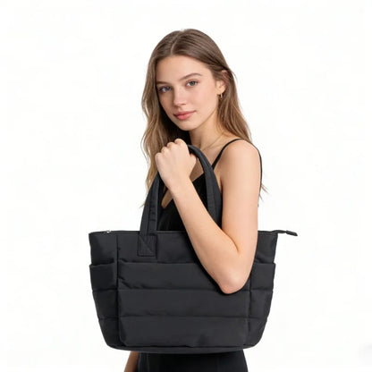 Quilted Cotton Laptop Tote Bag with Multiple Pockets Large Capacity Shoulder Carry